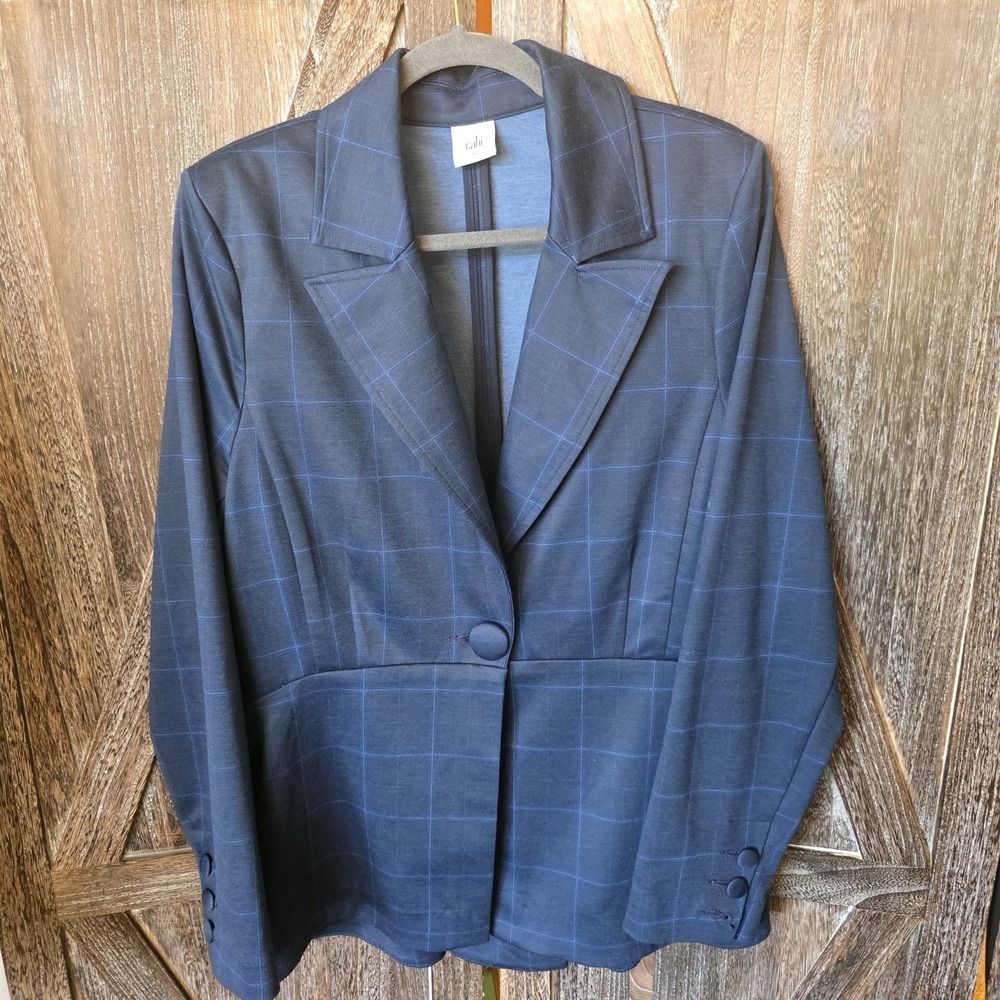 Cabi Jacket Women's Size 14 Navy Blue Windowpane Plaid Knit Stretch Blazer